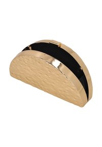 Metaliczna, złota kopertówka o teksturowanej powierzchni i zaokrąglonym, półokrągłym kształcie. Wnętrze wyłożone czarną tkaniną oraz zapięcie na zatrzask.