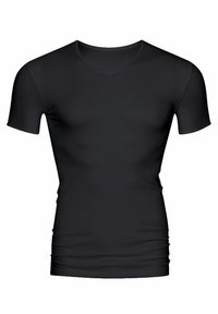 Zwart T-shirt met korte mouwen en V-hals, gemaakt van gladde stof, met een aansluitend ontwerp en subtiele stretch, zonder zichtbare patronen of accenten.
