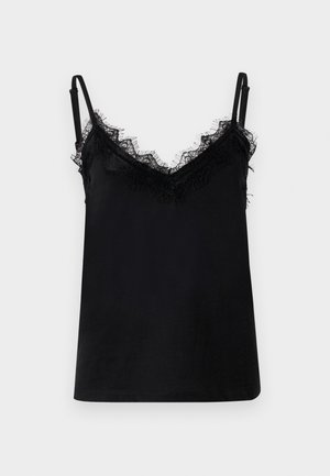 Svart cami laget av glatt stoff, med blondekant langs utringningen og stroppene. Tynne justerbare stropper fullfører designet.