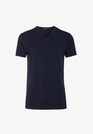 Navyblaues V-Ausschnitt-T-Shirt aus einer weichen Baumwollmischung, mit kurzen Ärmeln und glatter Textur in normaler Passform.