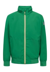 Green windbreaker jacket with zip closure, high collar, elastic cuffs, and a contrasting yellow zipper. Features a logo patch on the sleeve.