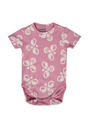 Rosa Kurzarm-Body aus weicher Baumwolle mit einem sich wiederholenden weißen geometrischen Muster und Druckknöpfen an Schulter und Schritt.