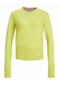 Maglione verde lime, maniche lunghe, scollo rotondo, polsini e orlo a costine, texture liscia, lunghezza cropped.