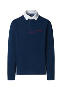 Navyblaues Langarm-Polo mit weißem Kragen, das ein rotes, gesticktes "FAÇONNABLE"-Logo über einem kreisförmigen Design zeigt. Aus weichem Baumwollmaterial.