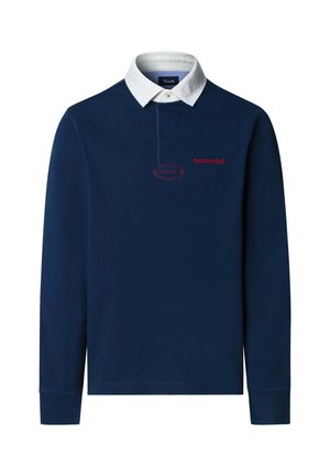 Polo a maniche lunghe blu navy con colletto bianco, con logo ricamato rosso "FAÇONNABLE" sopra un design circolare. Realizzato in morbido cotone.