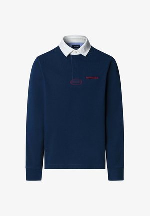 Marineblauwe polo met lange mouwen en een witte kraag, voorzien van een rode geborduurde "FAÇONNABLE" logo boven een ronde afbeelding. Zacht katoenmateriaal.