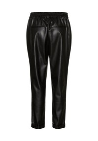 Black leather trousers with a smooth texture, elastic waistband, two back pockets, and tapered leg design. Cuffs are neatly finished.