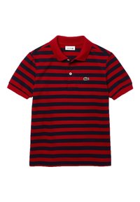 Röd och marinblå kortärmad polo med horisontella ränder, krage och två knappar, med en liten grön krokodil-logotyp på bröstet.