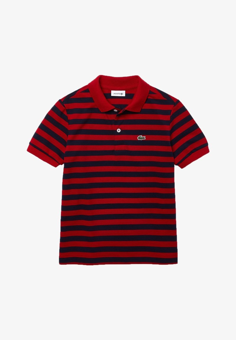 Red and navy blue horizontal striped short-sleeve polo shirt with collar and two buttons, featuring a small green crocodile logo on the chest.