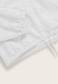Veste à capuche zippée gris clair avec des poignets et une taille élastiques, dotée de cordons de serrage et d'un tissu texturé. Pas de logos ou de motifs visibles.