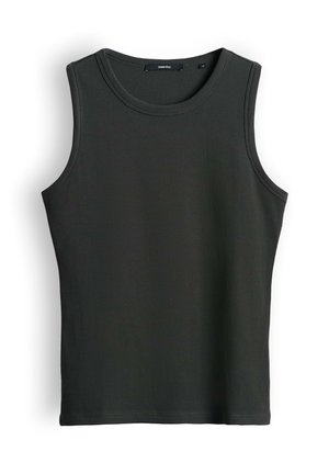 Zwart geribd mouwloos tanktopje met ronde halslijn en aansluitende pasvorm, afgebeeld op een witte achtergrond.