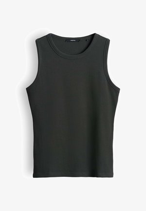 Zwart geribd mouwloos tanktopje met ronde halslijn en aansluitende pasvorm, afgebeeld op een witte achtergrond.
