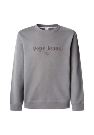 Gray sweatshirt with long sleeves, ribbed cuffs, and a crew neck. Features "Pepe Jeans" logo in dark purple across the chest. Soft fabric texture.