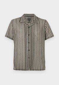 Korte ermers skjorte med et stripete mønster i dempede toner av beige, svart og grått. Har en camp collar og en avslappet passform.