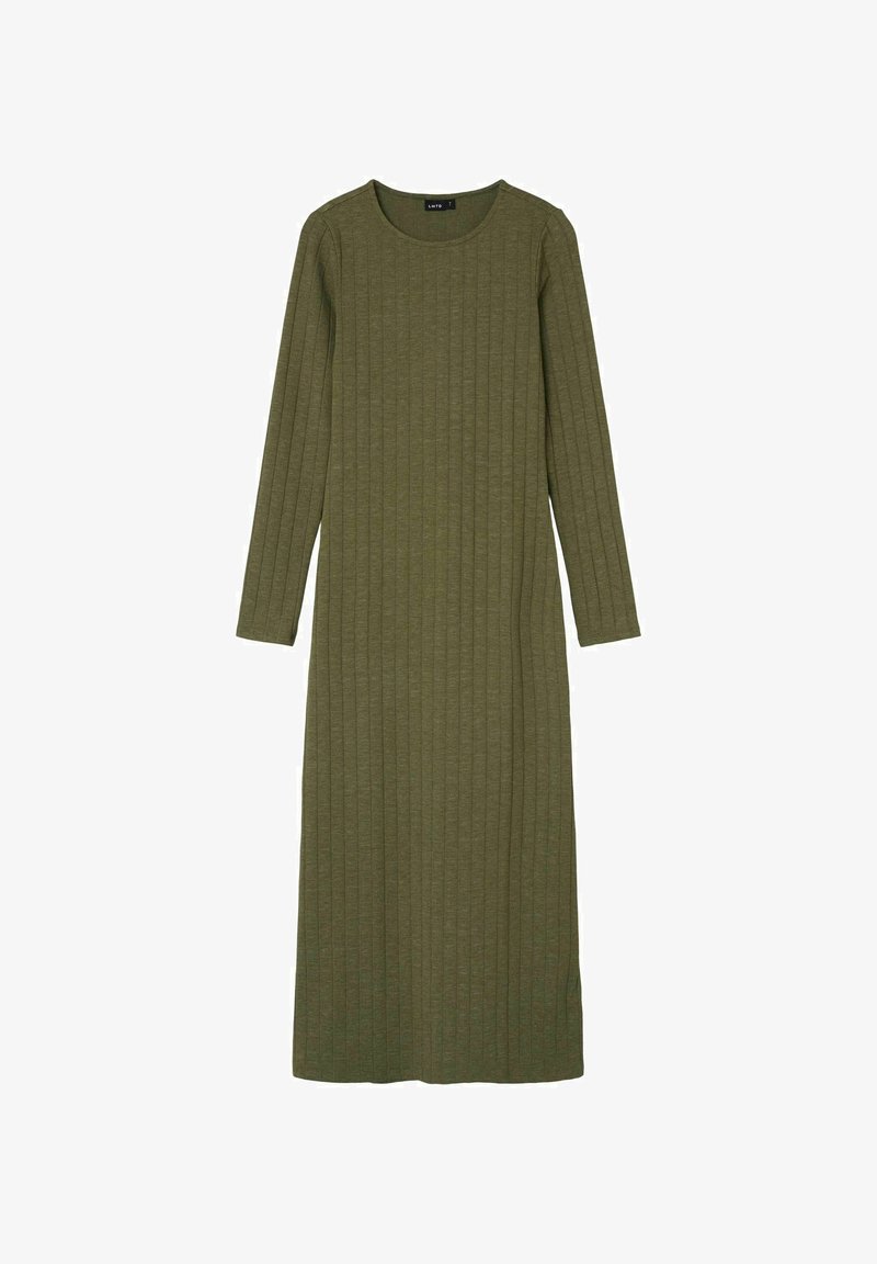 Oliven grøn, langærmet kjole lavet af ribbet stof. Har en rund halsudskæring og en lige, ankellang silhuet.
