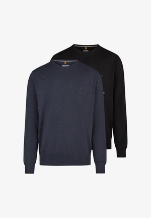 Dwa proste swetry z dzianiny o okrągłym dekolcie, jeden ciemnoniebieski z przodu, a drugi czarny z tyłu, przedstawione na białym tle.