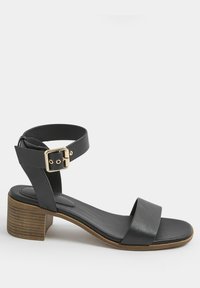Sandale noire en cuir à bout ouvert avec bride à la cheville, boucle dorée et petit talon bloc en bois superposé sur fond blanc.