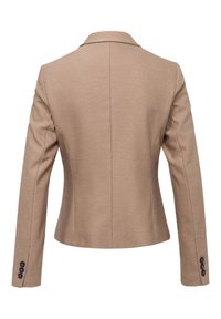Skræddersyet blazer i lys brun stof med reverskrave, tætsiddende form og tre sorte knapper på hver ærme. Glat tekstur.