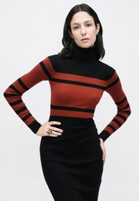 Robe à col roulé présentant des rayures horizontales noires et rouge brique. Fabriquée en tissu tricoté côtelé, elle a des manches longues et une silhouette ajustée.