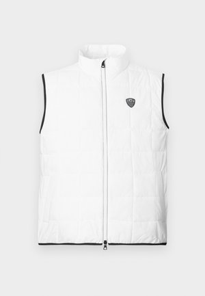 Chaleco acolchado blanco sin mangas con cuello alto, ribete negro en las sisas y el dobladillo, cremallera frontal y pequeño logo EA7 en el pecho.