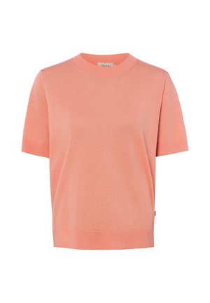 Short-sleeve peach knit sweater with crew neck and ribbed cuffs and hem, front view on white background.