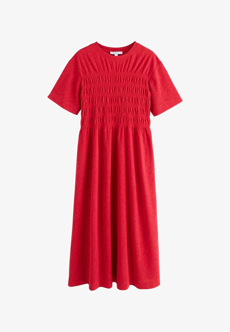 Robe midi rouge avec manches courtes et détails élastiqués smockés sur la poitrine et la partie supérieure de la taille.