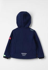 Navy blue hoodie with a textured finish, featuring a hood, reflective stripes at the hem, and green accents on the sleeves.
