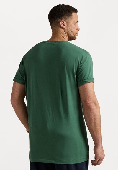T-shirt verde de mangas curtas, feito de tecido suave, com decote redondo, mangas dobradas e um corte descontraído, apresentando uma etiqueta da marca discreta na barra.