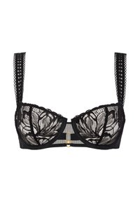 Soutien-gorge en dentelle noire avec motif floral, bonnets à armature et larges bretelles texturées. Présente des accents en métal doré et des panneaux en maille transparente.