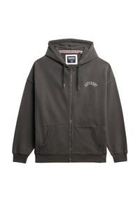 Grauer Reißverschluss-Hoodie aus weichem Stoff, mit einer frontalen Kängurutasche, Kapuze mit Kordelzug und dem "Superdry"-Logo in Weiß über dem Reißverschluss.