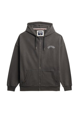 Grauer Reißverschluss-Hoodie aus weichem Stoff, mit einer frontalen Kängurutasche, Kapuze mit Kordelzug und dem "Superdry"-Logo in Weiß über dem Reißverschluss.