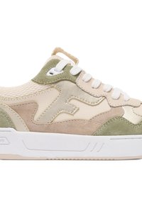 Beige und hellgrüne Sneaker aus strukturiertem Wildleder und glattem Leder. Mit weißen Schnürsenkeln, gepolstertem Schaft und dicker weißer Sohle.