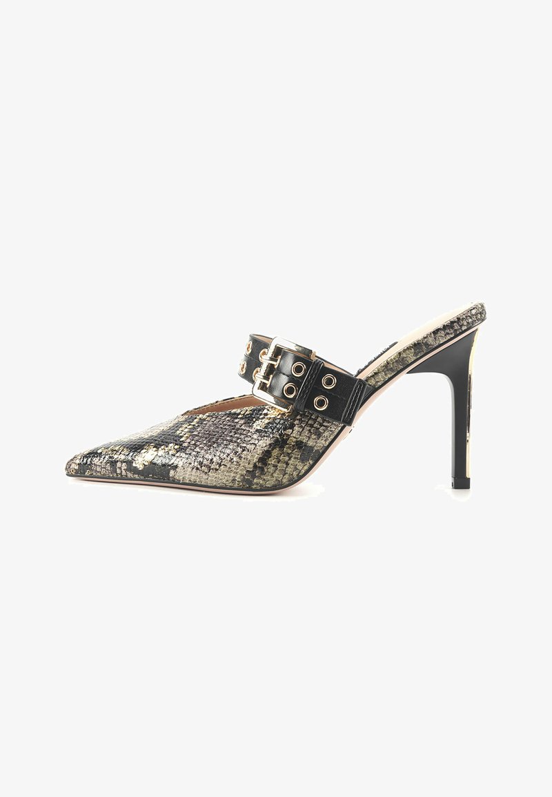 Pointed-toe heeled mule featuring a snakeskin pattern in gray and beige. Black strap with gold buckle accents. Slim high heel design.