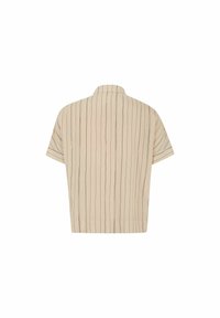 Cămașă bej cu mâneci scurte, cu dungi verticale subțiri negre, tiv drept și un guler mic ridicat, văzută din spate.