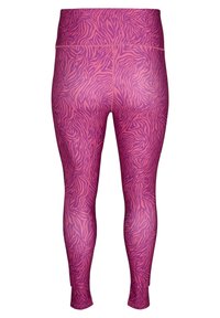 Dopasowane legginsy wykonane z elastycznego materiału w odcieniach różu z wzorem w zebrę. Wysoki stan i bezszwowa konstrukcja dla komfortu.