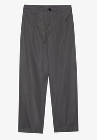 Graue Hosen mit relaxed Fit, gefaltetem Vorderteil, einem einzigen Knopfverschluss und einer glatten Textur. Entworfen mit einem einfachen, klassischen Schnitt.