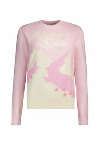 Pull rose clair avec un col rond et des manches longues. Motif graphique de montagnes et d'oiseaux en blanc et rose foncé. Texture douce.