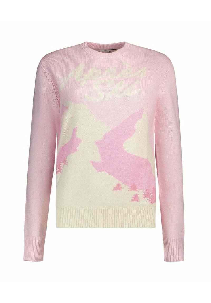 Pull rose clair avec un col rond et des manches longues. Motif graphique de montagnes et d'oiseaux en blanc et rose foncé. Texture douce.
