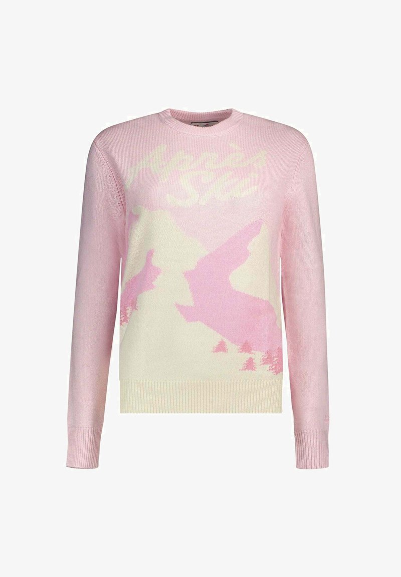 Pull rose clair avec un col rond et des manches longues. Motif graphique de montagnes et d'oiseaux en blanc et rose foncé. Texture douce.