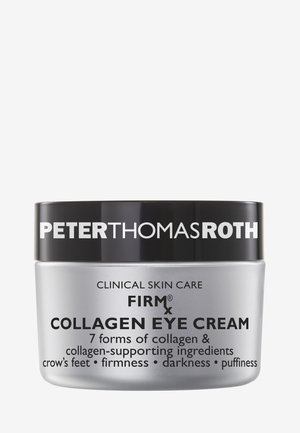 Barattolo argento con un coperchio nero, etichettato "Peter Thomas Roth FIRMx Crema per gli Occhi al Collagene." Il testo evidenzia i benefici del collagene e le istruzioni per l'uso.