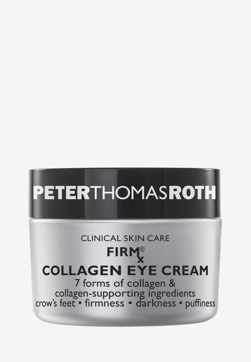 Silverfärgad burk med ett svart lock, märkt "Peter Thomas Roth FIRMx Collagen Eye Cream." Texten framhäver kollagenets fördelar och bruksanvisningar.
