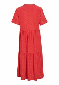 Robe en coton rouge avec un motif en œillets texturé, manches courtes, encolure ronde et jupe à volants. Offre une coupe ample et fluide.