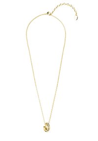 Collana color oro con una delicata catena e un pendente circolare decorato con pietre trasparenti incastonate. Lunghezza regolabile con chiusura.