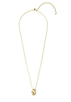 Gouden ketting met een delicate schakel en een ronde hanger met ingelegde heldere stenen. Verstelbare lengte met een sluiting.