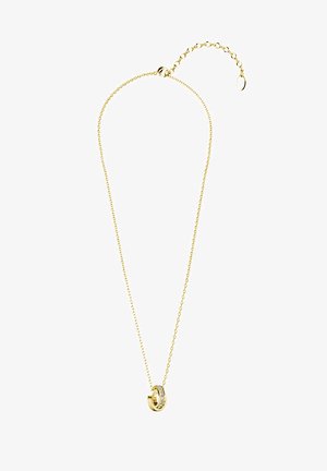 Gouden ketting met een delicate schakel en een ronde hanger met ingelegde heldere stenen. Verstelbare lengte met een sluiting.