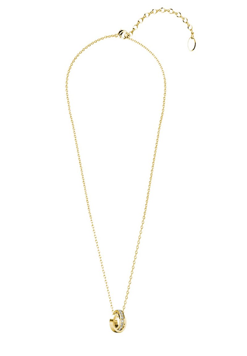 Collana color oro con una delicata catena e un pendente circolare decorato con pietre trasparenti incastonate. Lunghezza regolabile con chiusura.