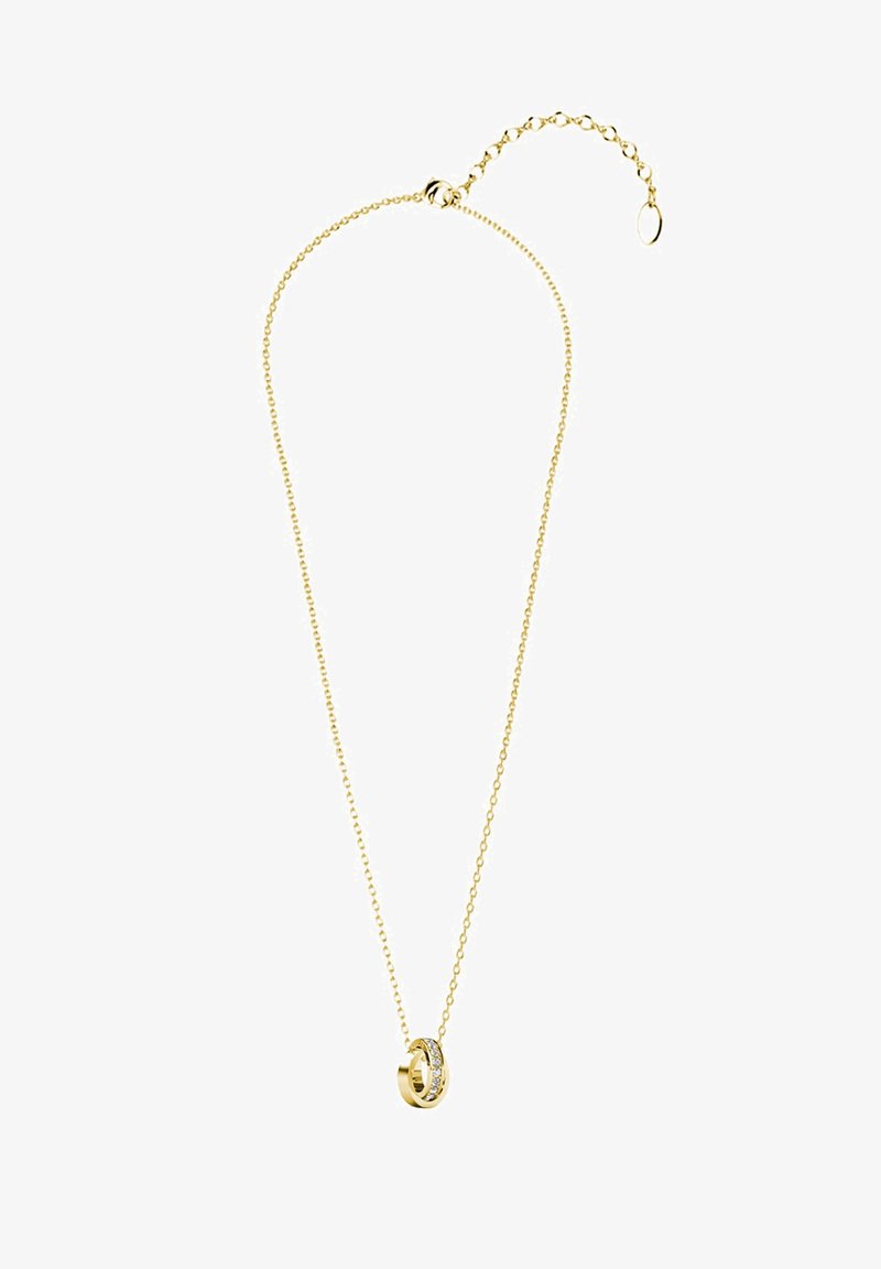 Gouden ketting met een delicate schakel en een ronde hanger met ingelegde heldere stenen. Verstelbare lengte met een sluiting.