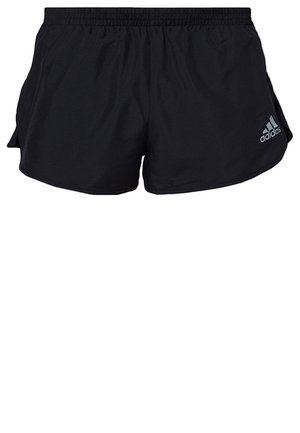 Czarne krótkie spodenki do biegania Adidas ze ściągaczem w talii i logo na dolnej, prawej nodze, przeznaczone do użytku sportowego.
