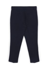 Marineblaue Hose mit strukturiertem Design, geradem Schnitt, zwei Gesäßtaschen und Umsäumen. Mischgewebe aus Baumwolle.
