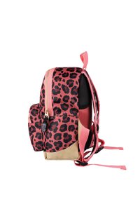 Tasje met luipaardprint met roze en beige accenten, voorzien van een dubbele rits, een mesh zijvak en verstelbare banden. Gladde textuur.